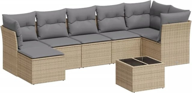 vidaXL 8-teilige Garten-Sofagarnitur in L-Form aus Poly-Rattan mit Kissen in Beige und Hellgrau - Bild 1
