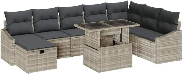 vidaXL Garten-Sofa-Set aus Polyrattan in Grau, 9-teiliges L-Shape Lounge-Set mit Kissen für Terrasse und Garten - Bild 1