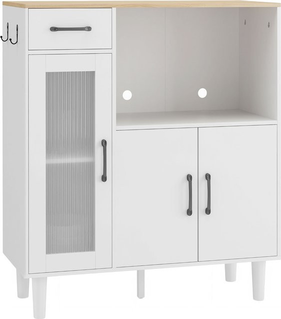 HOMCOM Sideboard Küchenschrank mit Schublade und geriffelter Acrylglastür, Aufbewahrungsschrank für Wohnzimmer und Küche, Weiß+Eiche, B/T/H: 80 x 34 x 91 cm - Bild 1