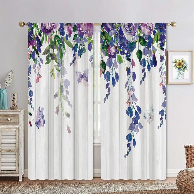 2er-Set Dekorative Vorhänge im Europäisch-Pastoralstil mit Blumenmuster, Grünblatt-Design, halbtransparent, Polyester, Breite: 60 cm, Höhe: 100 cm - Bild 1