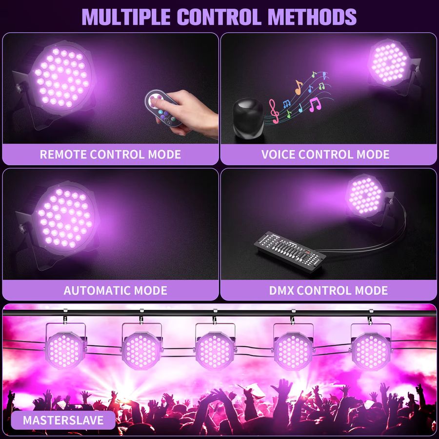 U'King 4er Set UV Schwarzlicht LED Bühnenstrahler mit 108W und 36 LED pro Gerät, DMX512 und Fernbedienung für DJ, Disco und Shows - Bild 3