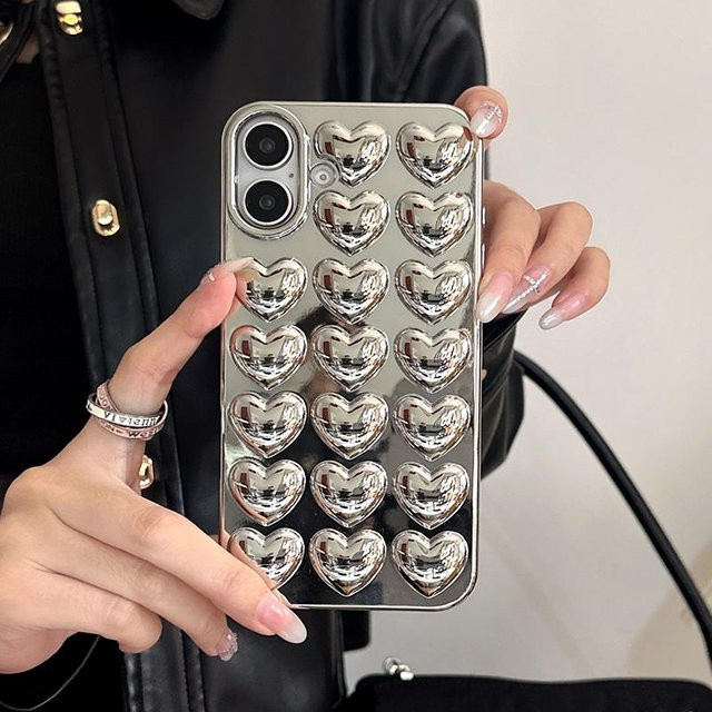 Silberne ASONPAI Handyhülle mit Liebesherz Design für iPhone 13 mini bis iPhone 17 Pro Max, Glänzende TPU Schutz-Rückseite - Bild 1