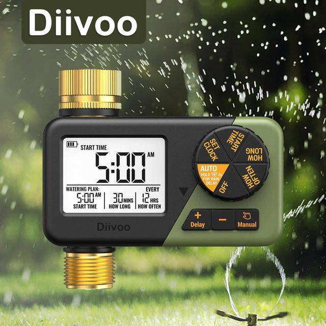 Diivoo Bewässerungstimer mit Messing-Ein- und Auslass, programmierbarer automatischer Gartenbewässerungstimer in Schwarz mit Regenverzögerung und manueller Bewässerung - Bild 1