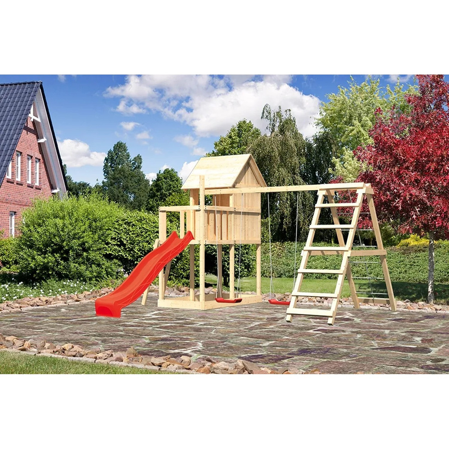 Karibu Kinderspielhaus Frieda Set mit Anbau, Klettergerüst und Rutsche in Natur und Rot - Bild 2