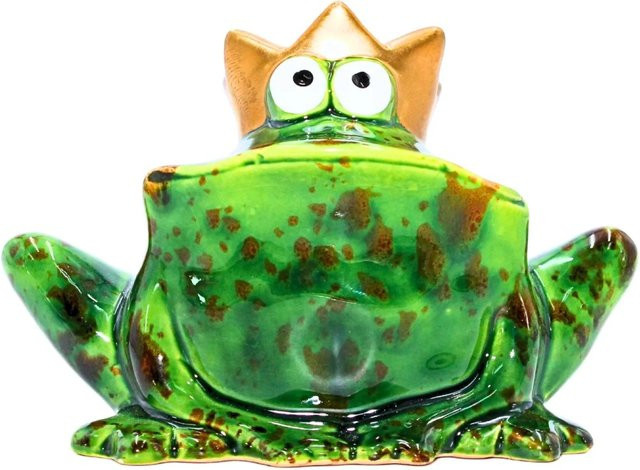 Dekohelden24 Froschkönig Deko-Figur aus Keramik in Grün mit goldener Krone, B/T/H: 6 x 12 x 9 cm - Bild 1