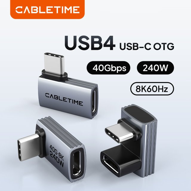 CABLETIME USB4-Adapter Typ-C auf USB-C mit 240W, 8K 60Hz und 40Gbps, 90-Grad-Konverter für iPhone, MacBook und iPad - Bild 1