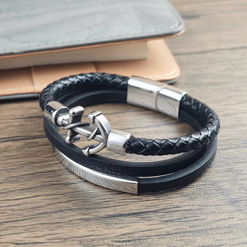 jiangmingao Armband, Leder-Seil, Edelstahl, Schwarz, Herren - Bild 3