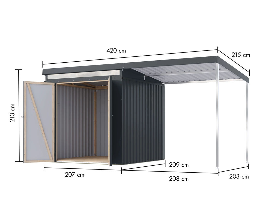 KARIBU Gerätehaus Mantis mit Anbaudach in Anthrazit, B/T/H: 414 x 209 x 213 cm - Bild 3