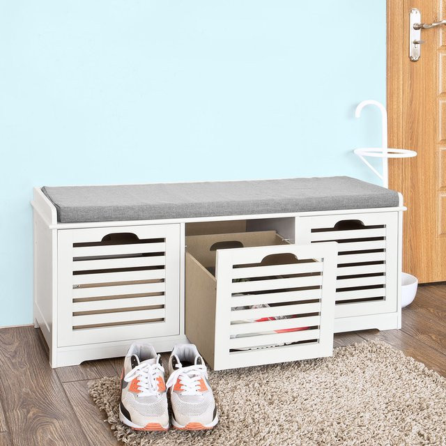 SoBuy Schuhbank FSR23-W mit Schuhregal und 3 Körben in Weiß, moderne Sitzbank mit Stauraum für den Flur, B/T/H: 105 x 43 x 35 cm - Bild 2