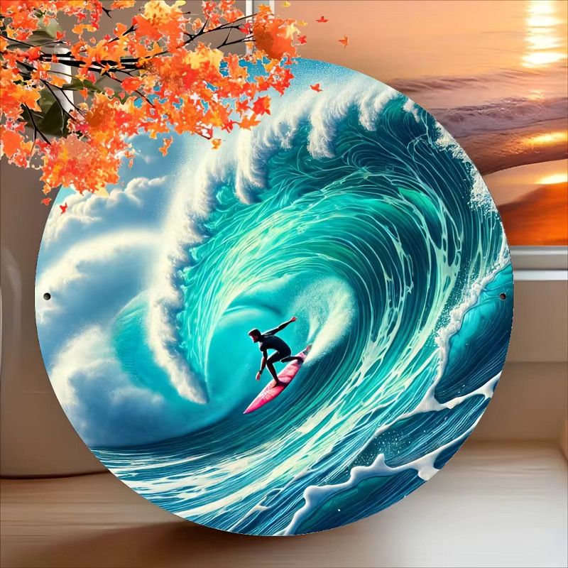 Potdemiel Runde Wandkunst aus Holz mit Vintage-Surfszene und Kiefern- sowie Beerenkranz-Design, Durchmesser: 20,32 cm - Bild 2