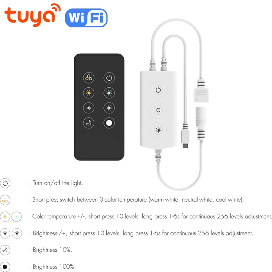 Tuya Smart WiFi COB CCT LED-Lichtband 24V, dimmbar, 2700K-6500K, kompatibel mit Alexa und Google Assistant, Farbe: Weiß - Bild 2