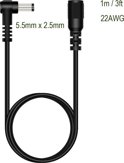 UpperFu DC-Stromkabel Verlängerungsadapterkabel mit 5,5mm x 2,5mm Stecker rechtwinklig auf Buchse, Schwarz, Länge: 1 m - Bild 1