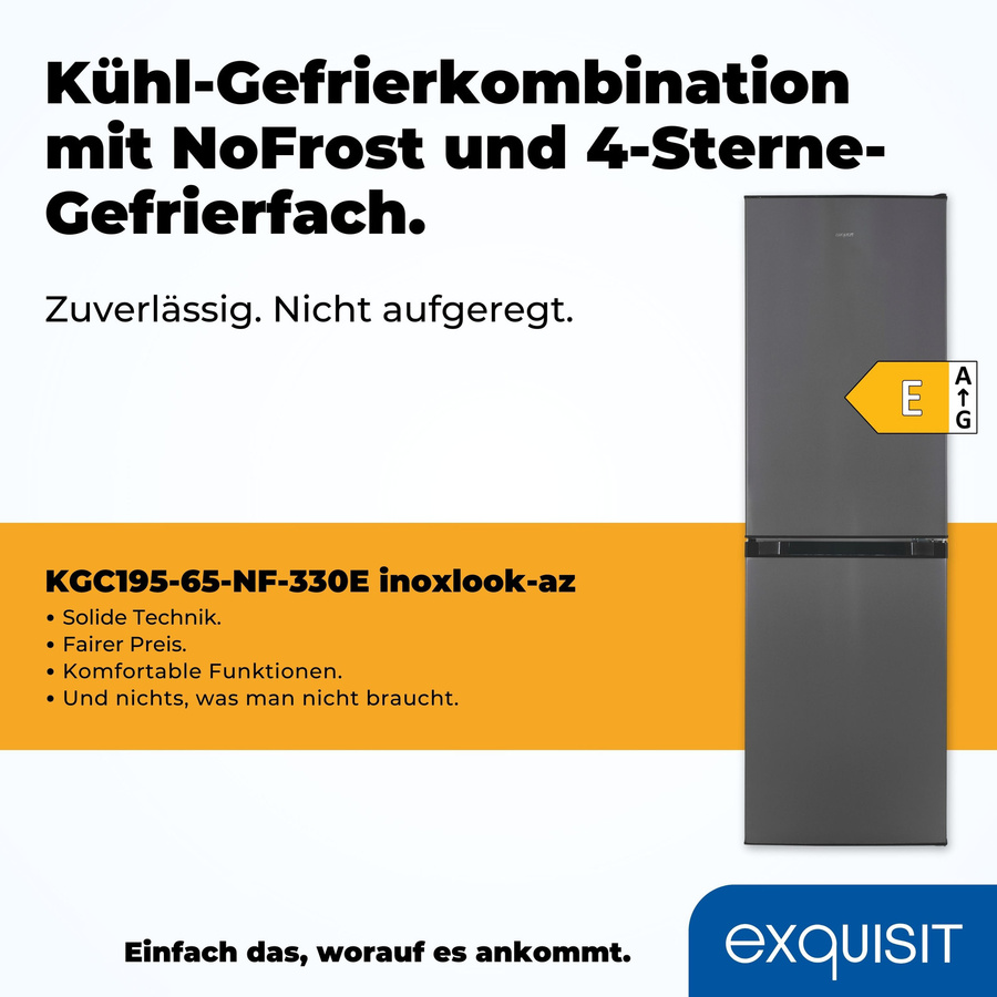 Exquisit Kühl-Gefrierkombination KGC195-65-NF-330E in Inoxlook, Farbe Silber/Grau, No Frost, Standgerät mit LED-Innenbeleuchtung - Bild 3