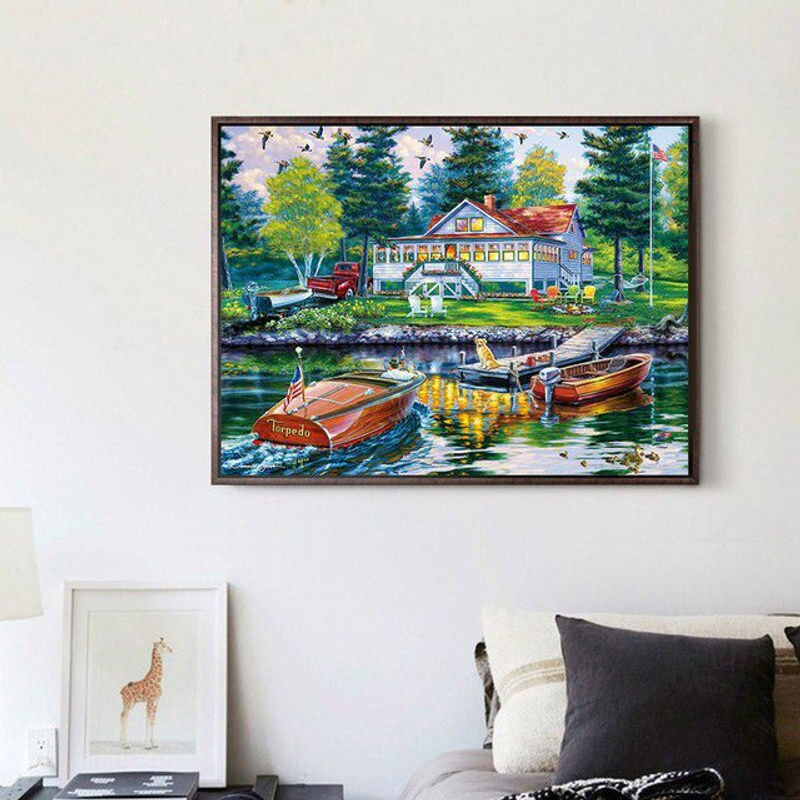 FIYO 3D Diamantmalerei Boot im Fluss, Maritimes Landschaftsmotiv als Diamond Painting Set, Mehrfarbig, B/H: 30 x 20 cm - Bild 1