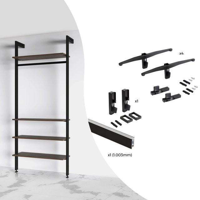 Emuca Bracket Set mit 4 Holzböden und 1 Hängestange 1m Länge in Steingrau lackiert aus Aluminium, Zamak und Kunststoff - Bild 1