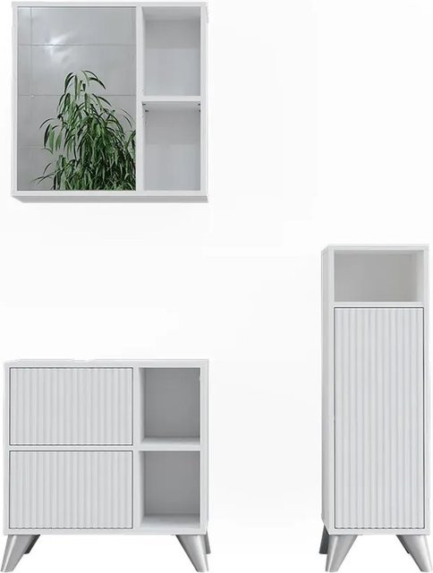 Vicco Badmöbel-Set Leano Weiß, 3-teilig bestehend aus Waschtischunterschrank, Spiegelschrank und Seitenschrank - Bild 1