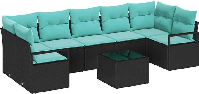 vidaXL 8-teiliges Lounge-Sofa Set aus Poly-Rattan in Schwarz und Türkis mit wetterfesten Polstern und Metallgestell - Bild 1
