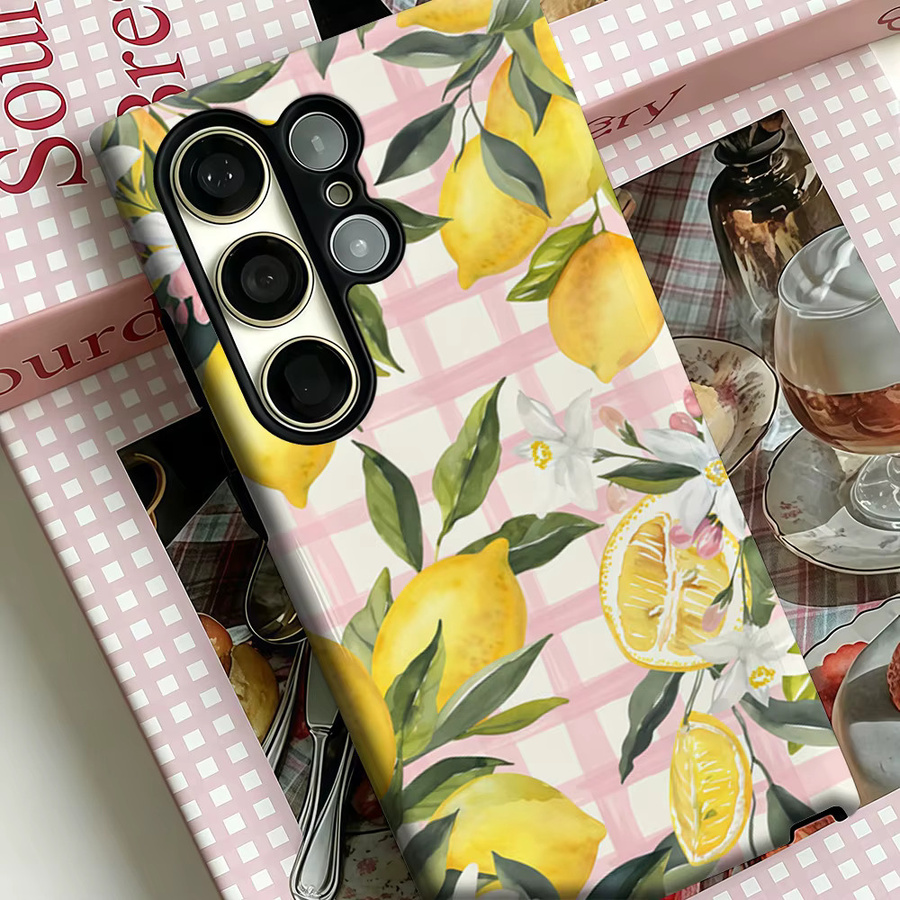 Stoßfeste Doppelschicht Handyhülle mit rosa Gingham Zitronen- und Blumenmuster für Samsung Galaxy S25 Ultra, S24 und S23 Ultra Plus - Bild 3