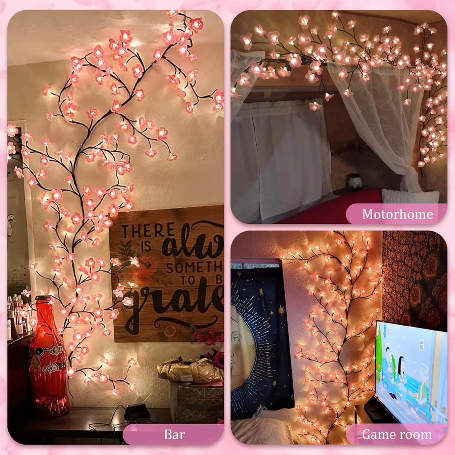 LCMKR Kirschblüten LED-Lichterkette mit 72 LED in Pink und warmweißem Licht als Pfirsichblüten-Weidenranken-Girlande für Innenräume - Bild 3