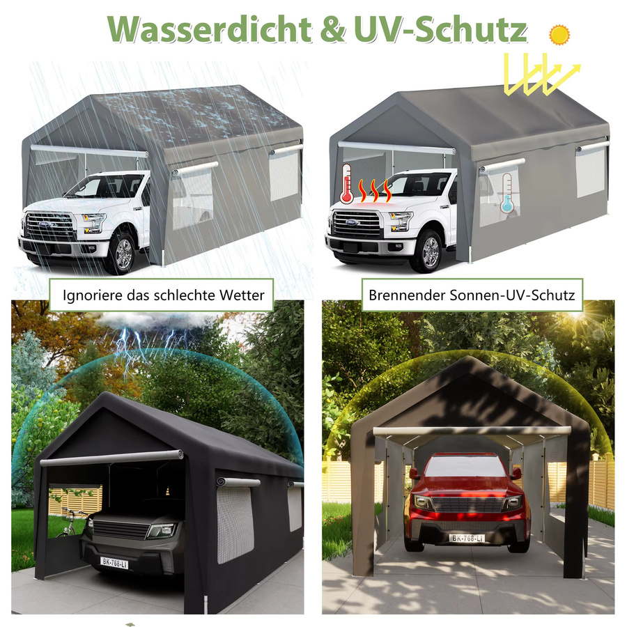 THANADDO Schwerlast-Carport mit Giebeldach in Grau, wasserdichte Outdoor-Autoüberdachung aus verzinktem Stahl mit Netzfenstern, B/T/H: 609,6 x 592,84 x 276,75 cm - Bild 7