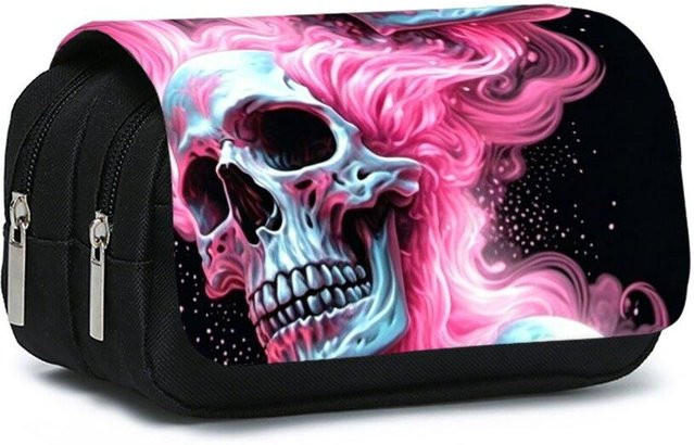 Doppellagiges Klapp-Federmäppchen von Fancy Style Studio mit Twin-Pink-Totenkopf-Print für Kinder in Pink - Bild 1