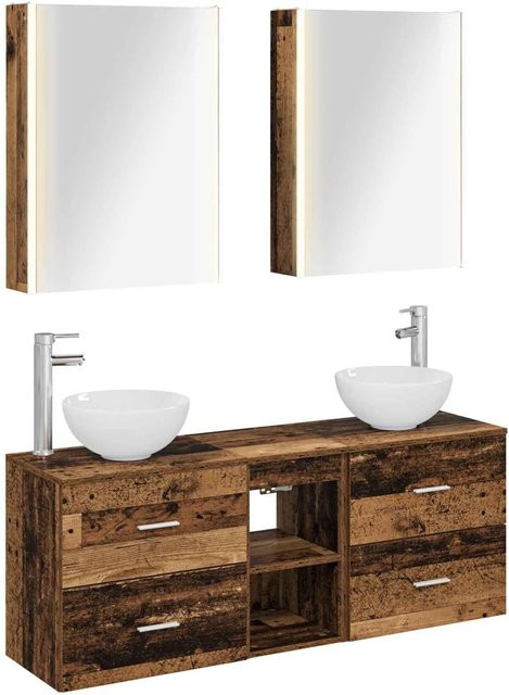 vidaXL Badezimmerschrank-Set aus Altholz in Braun, 5-teiliges Set mit Waschtischunterschrank und Spiegelschrank mit LED-Beleuchtung, B/T/H: 53 x 15,5 x 70 cm - Bild 1