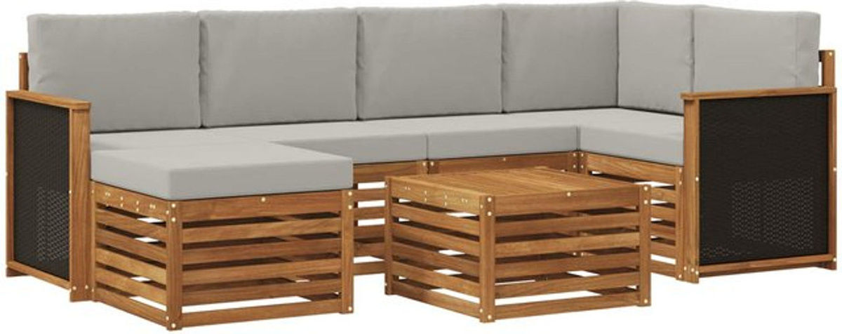 Modernes Ecksofa Set von vidaXL mit 6 Kissen aus Akazie und Polyester in Natur und Grau - Bild 1