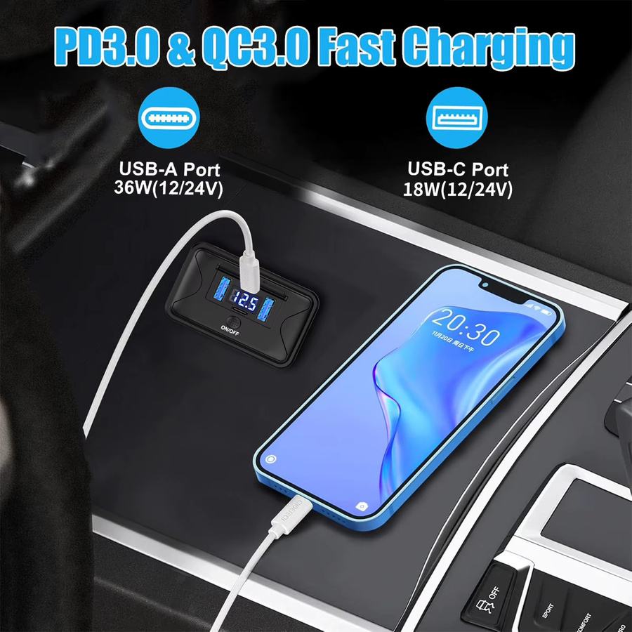 4-Port 12V USB-Ladegerät mit Schnellaufladung 78W, Dual 36W PD und Dual 18W QC3.0, Wandmontage-Panel in Schwarz für Marine, Auto, Bus, LKW und Boot - Bild 1