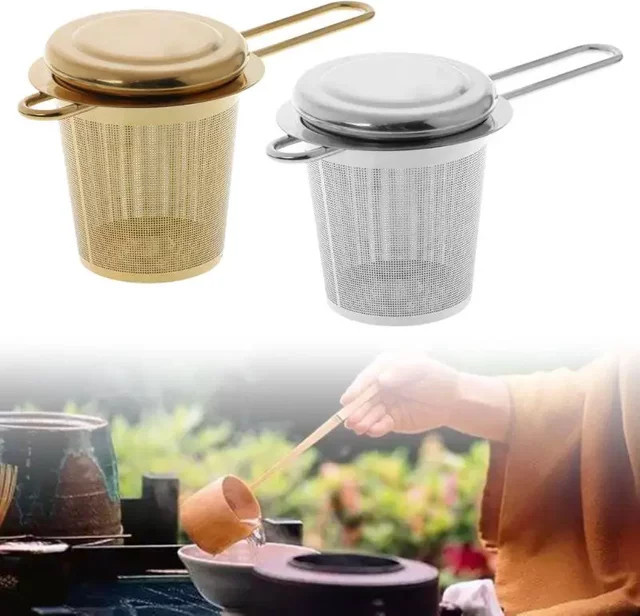 Wiederverwendbarer Teefilter aus Edelstahl mit feinem Mesh-Sieb und Deckel in Silber für losen Tee und Gewürze - Bild 1