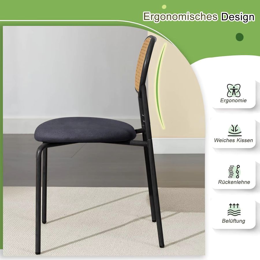 Rosahqnda Esszimmerstuhl Set mit Rattan-Rückenlehne im Vintage-Design, Schwarz/Holzfarben - Bild 3