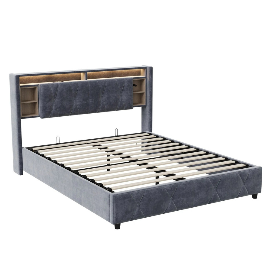 PXloue Polsterbett aus Samt in Grau mit Stauraum, USB-Ladeport und Unterbettbeleuchtung, B/T/H: 140 x 200 x 105 cm - Bild 2