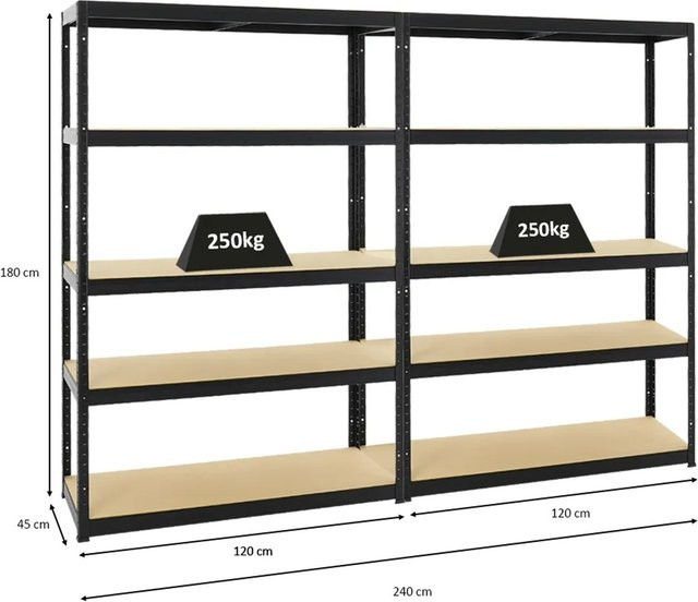 PROREGAL Big Elephant Schwerlastregal Set aus 2 Stück, Schwarz, H x B x T: 180 x 120 x 45 cm, mit verstellbaren Fachböden aus MDF und Metall - Bild 1