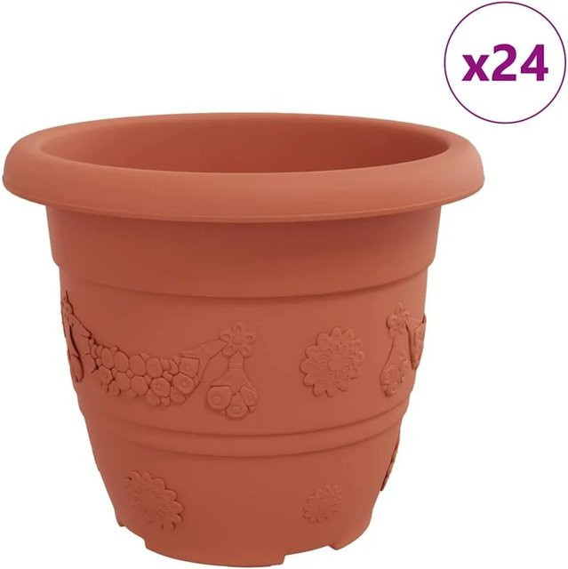 vidaXL Set aus 24 runden Blumentöpfen aus Kunststoff in Ziegelrot für innen und außen, Durchmesser: 26 cm, Höhe: 21,5 cm - Bild 1
