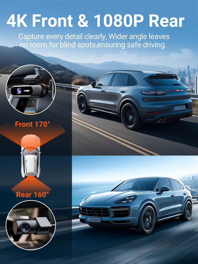 CATVEER Dash Cam 4K UHD mit Wi-Fi, HDR Nachtsicht und Parkplatz Modus, Schwarz, Vorne und Hinten - Bild 2