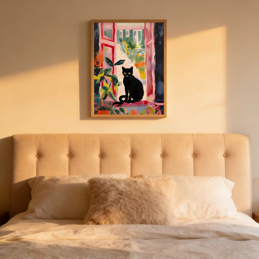 Modernes Poster Katze im offenen Fenster im Stil von Henri Matisse, buntes Fauvismus Gemälde mit schwarzer Katze und floralen Elementen, Mehrfarbig - Bild 3