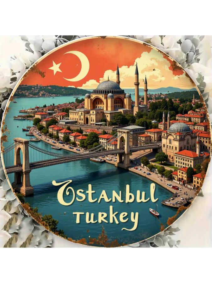 Runder Metallblech Wanddekor Potdemiel mit goldenem Istanbul Türkischem Landschaftsdesign, Durchmesser: 20,07 cm - Bild 4