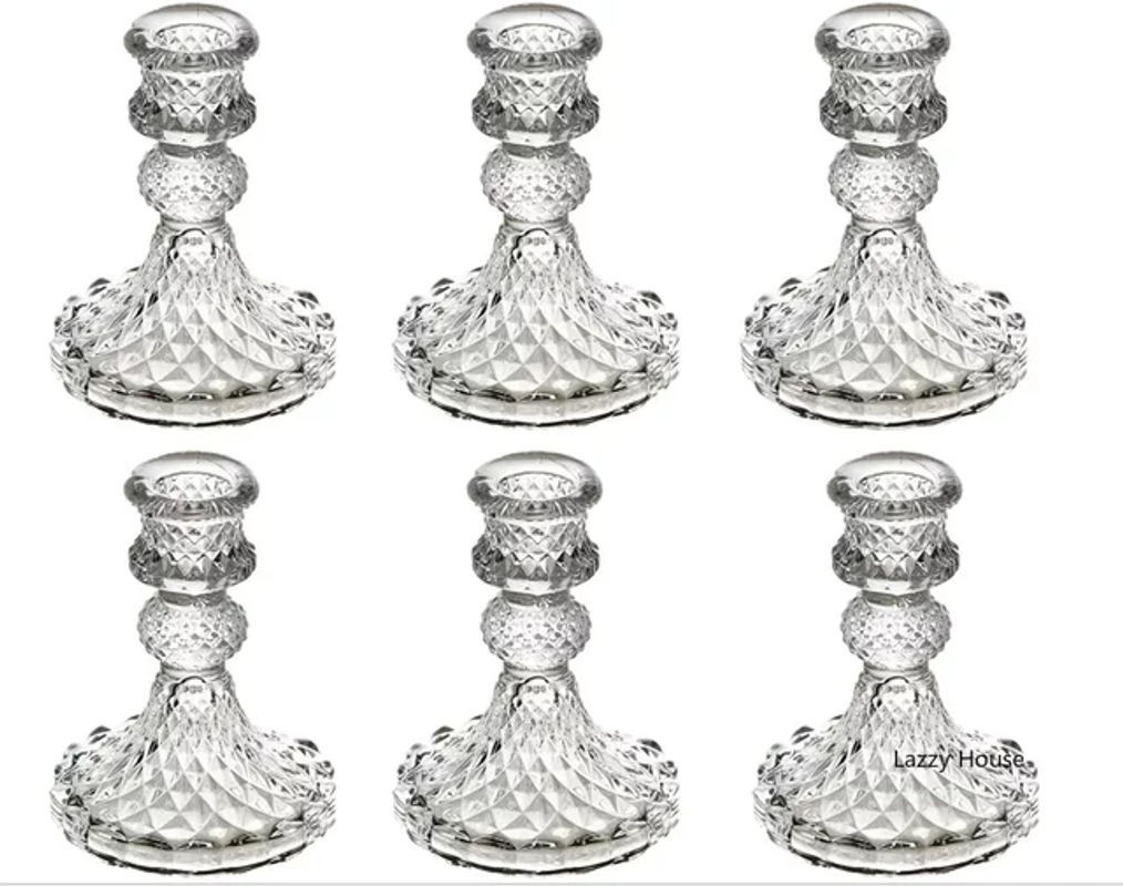 6-teiliges Lazzy house Kristall-Kerzenhalter Set aus Glas in Transparent und Grün für Tafelkerzen zur Tischdekoration bei Hochzeit oder Weihnachten - Bild 1