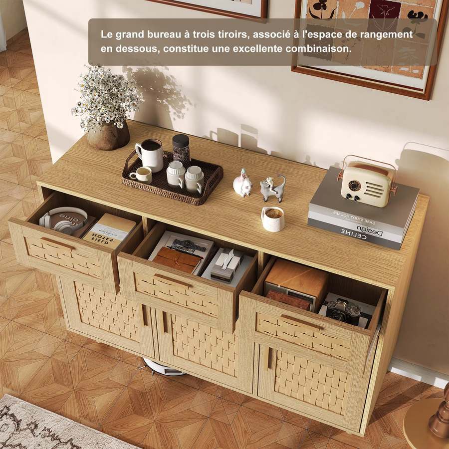 Superaly Rattan-Kommode in Eichenfarbe mit 3 Türen und 3 Schubladen, Sideboard aus Holz-Optik für Wohnzimmer und Küche, B/T/H: 108 x 40 x 80 cm - Bild 4