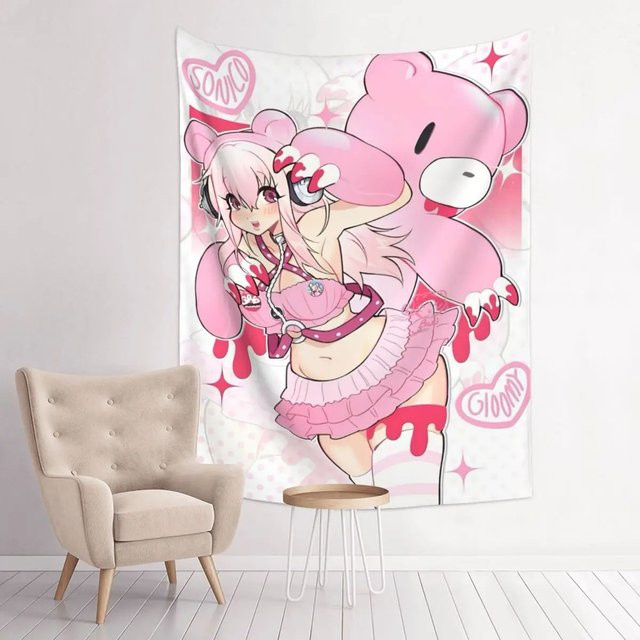 VIKAMA Wandteppich mit japanischem Manga-Mädchen-Motiv in Pink, ästhetische Textil-Wanddekoration für dein Wohnzimmer oder Schlafzimmer, Breite: 60 cm, Höhe: 40 cm - Bild 1