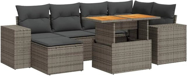 vidaXL 7-teilige Garten-Sofagarnitur aus Poly-Rattan in Grau mit Kissen und Akazienholz - Bild 1
