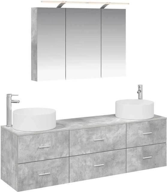 vidaXL Badezimmermöbel-Set 4-teilig in Betongrau mit Waschtischunterschrank und Spiegelschrank aus Ingenieurholz und Glas mit LED-Beleuchtung - Bild 1