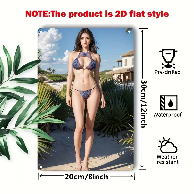 HELLOYOUNG Metall-Wandschild Tropischer Strand mit Bikini-Modell, Mehrfarbig, B/H: 30,0 x 20,0 cm - Bild 2