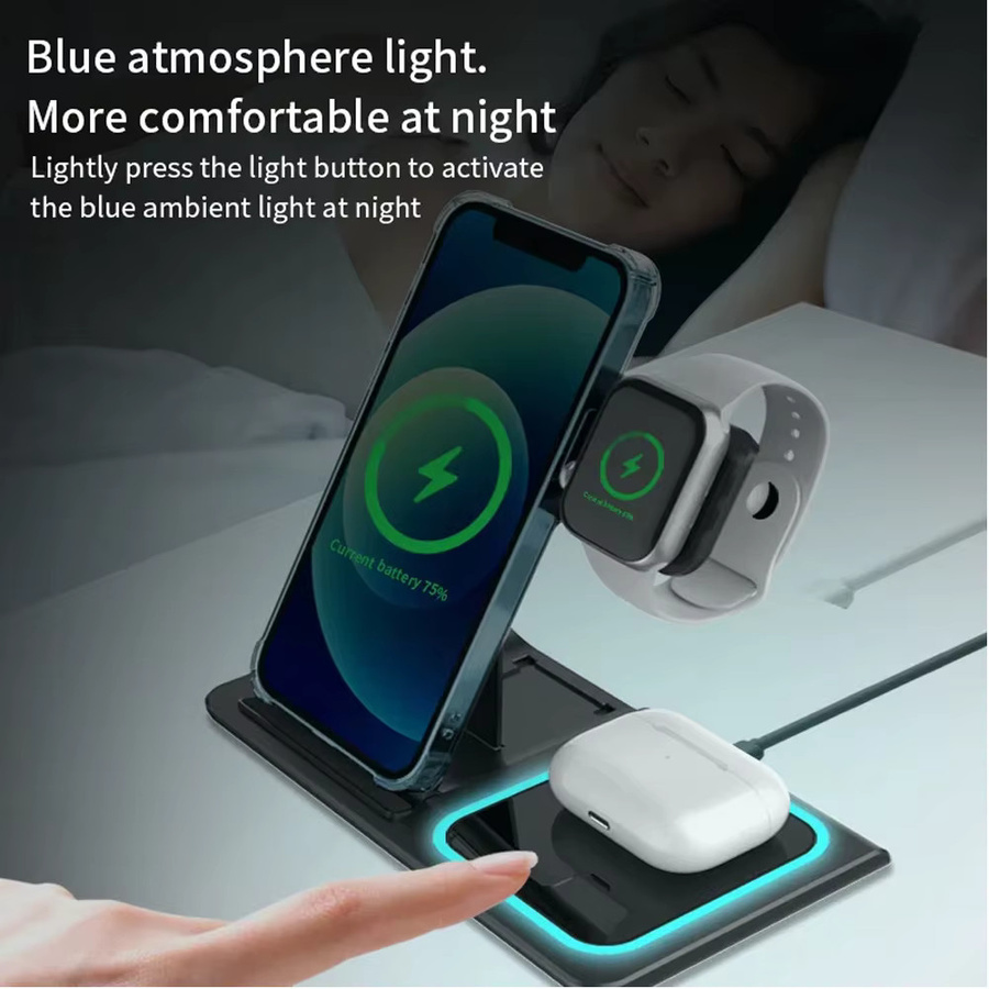 KEPHE 3-in-1 LED-Schnellladestation Schwarz, faltbares kabelloses Ladegerät für iPhone 17 16 15 14, Apple Watch und AirPods Pro - Bild 5
