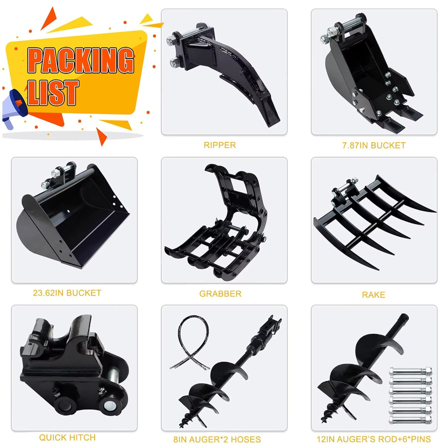 MMS 8-in-1 Mini-Bagger Anbaugeräte Set mit Schnellwechsler, Ripper, Rechen, Greifer und Erdbohrer - Bild 3