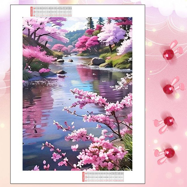 YUTTEE Diamant Mosaik Bild Runde Landschaft mit Fluss und Blumen in Multicolour zur Wanddekoration - Bild 1