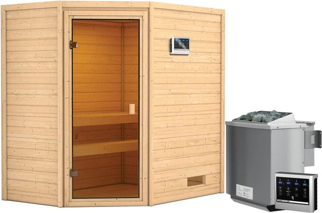 Massivholzsauna Karibu Jella mit 9 kW BioKombiofen und externem Steuergerät, Farbe Bronze/Braun, B/T/H: 195 x 145 x 187 cm - Bild 1