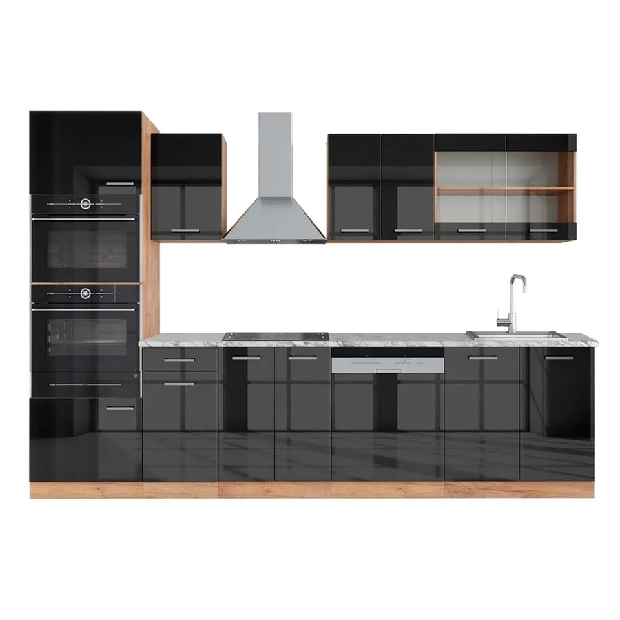 Vicco R-Line Küchenzeile Anthrazit Hochglanz und Goldkraft Eiche mit Hochschrank und Marmor-Arbeitsplatte Breite: 300 cm - Bild 2