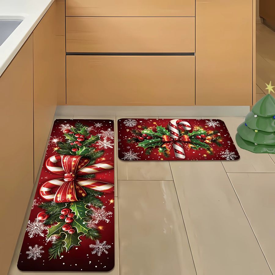 VIKAMA Weihnachts-Küchenmatte mit Zuckerstangen, Stechpalme und Schneeflocken für eine festliche Atmosphäre - Bild 3