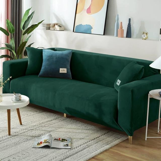 BRHUIXUE Samt-Sofabezug für L-Form und Ecksofas, elastischer Spandex-Bezug in Dunkelgrün, Breite: 135-170 cm - Bild 1