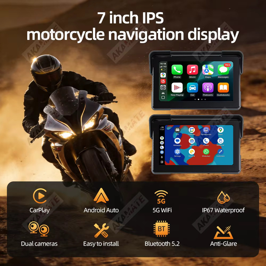 AKAMATE 7-Zoll Motorrad-Recorder mit CarPlay, Android Auto und Bluetooth in Schwarz - Bild 2